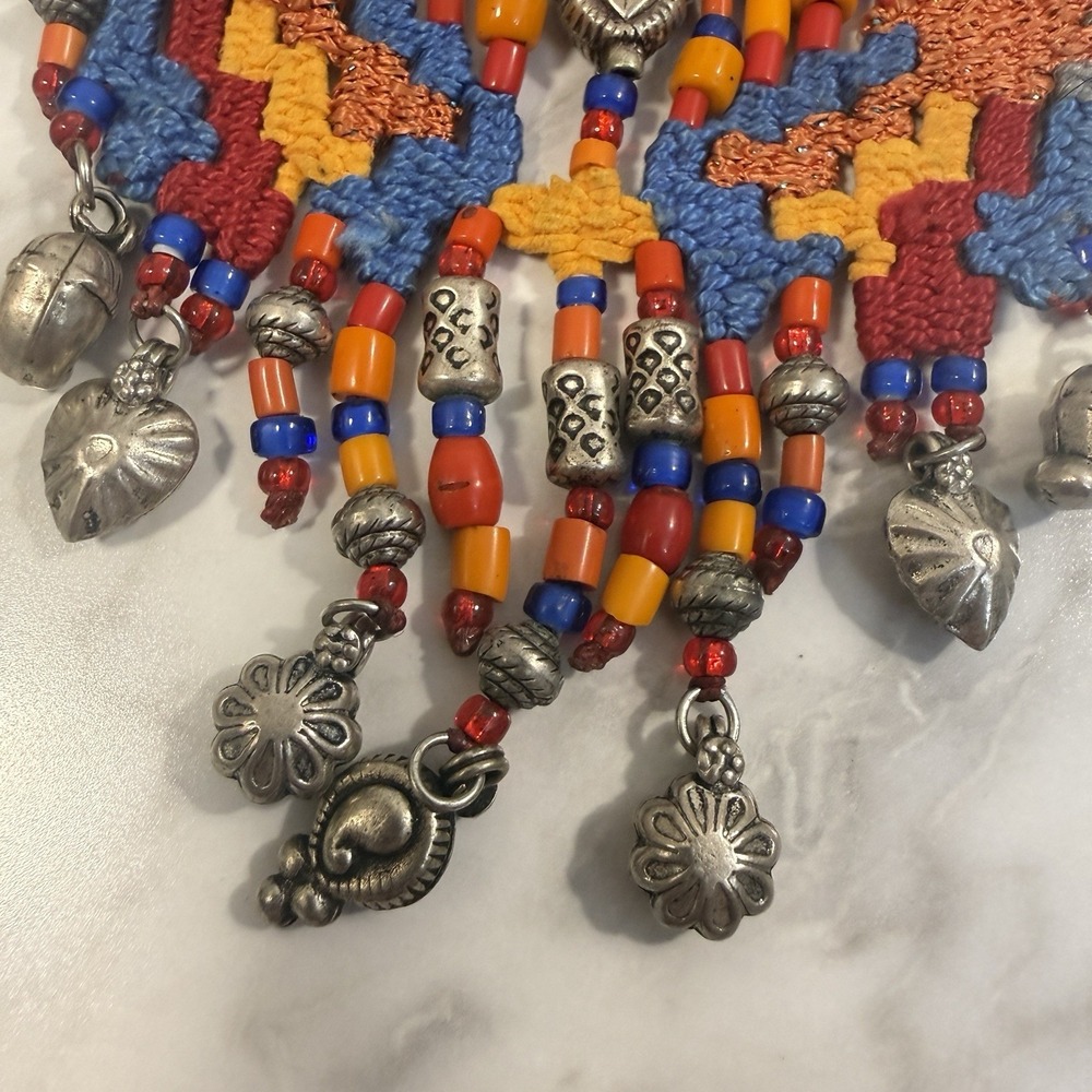 Artisan Woven Tapestry Fabric Beaded Ethnic Bib Necklace Helen Banes Style - Picture 2 of 10